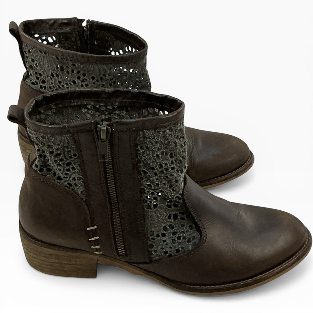 Musse & Cloud Ainhoa Brown Leather Boho Ankle Boots with Die Cut Detail Size 9